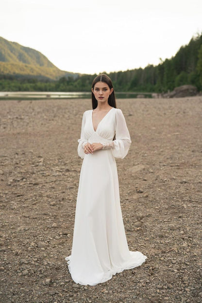 Ivory Lace Wedding Dress Long-sleeve Button Back Long Train Gown Open Back Lace & Chiffon