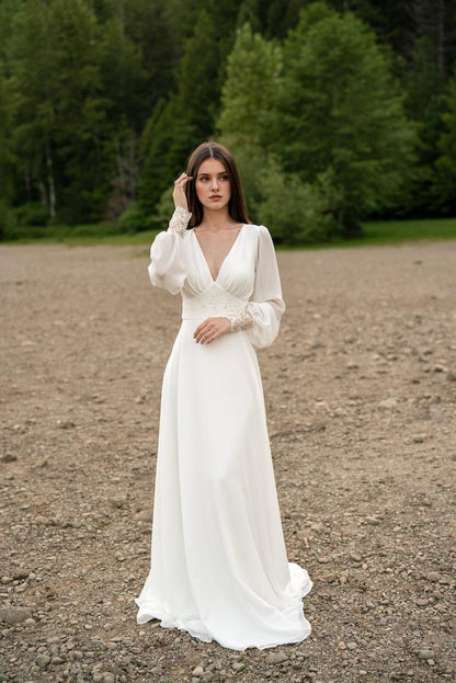 Ivory Lace Wedding Dress Long-sleeve Button Back Long Train Gown Open Back Lace & Chiffon