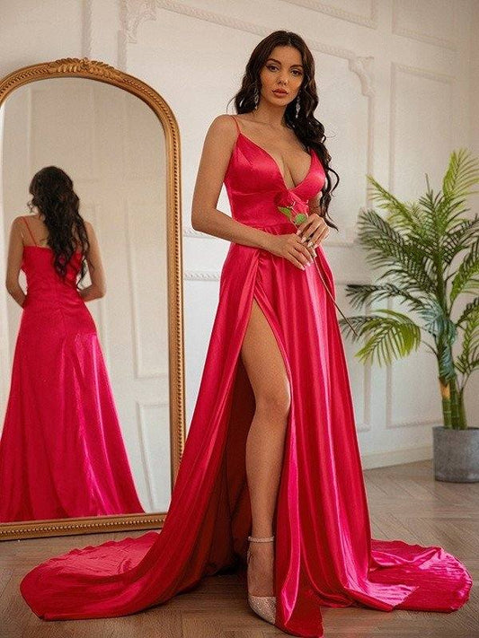 A-Line/Princess Silk like Satin Ruched V-neck Sleeveless Sweep/Brush Train Dresses - RongMoon