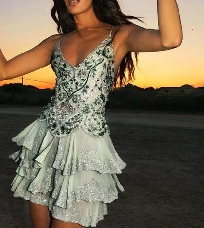 Vintage A line Spaghetti Straps Light Mint Green Chiffon Formal  Homecoming Dress cc4007