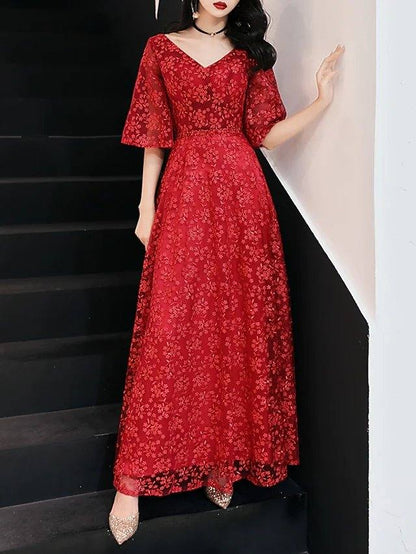 A-Line Floral Engagement Prom Dress V Neck Half Sleeve Ankle Length Lace with Pleats Lace Insert - RongMoon