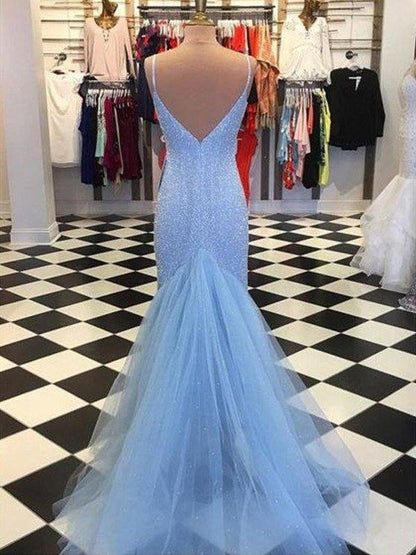 Sheath/Column Spaghetti Straps Sleeveless Tulle Sequin Sweep/Brush Train Dresses - RongMoon