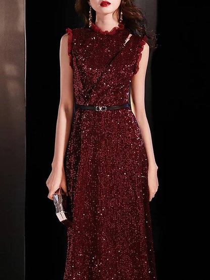 A-Line Sparkle Elegant Prom Formal Evening Dress Jewel Neck Sleeveless Floor Length Sequined with Sash / Ribbon Sequin - RongMoon