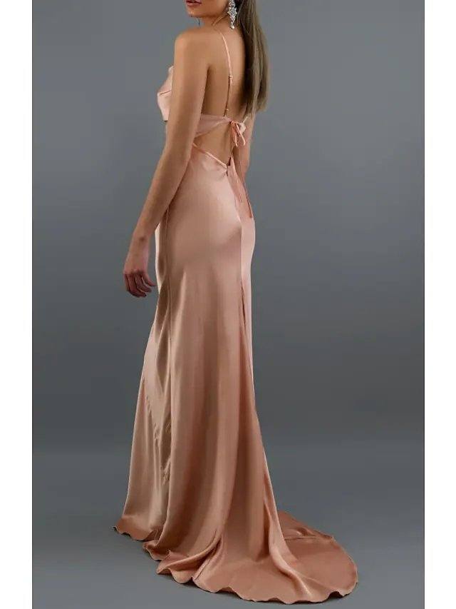 Sheath / Column V Neck / Spaghetti Strap Sweep / Brush Train Charmeuse Bridesmaid Dress with Bandage - RongMoon