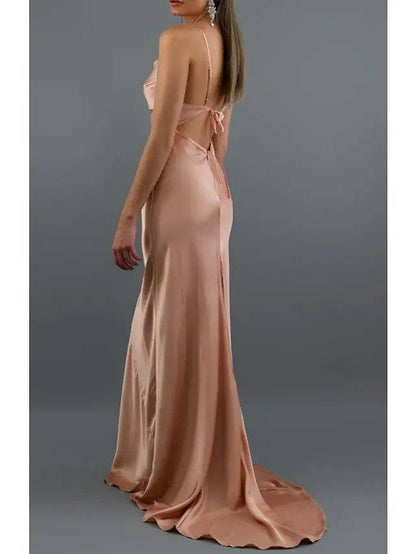Sheath / Column V Neck / Spaghetti Strap Sweep / Brush Train Charmeuse Bridesmaid Dress with Bandage - RongMoon