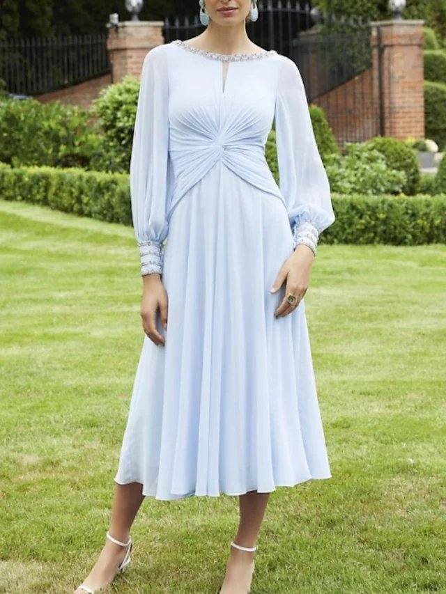 A-Line Mother of the Bride Dress Elegant Jewel Neck Knee Length Chiffon Long Sleeve with Pleats Beading - RongMoon
