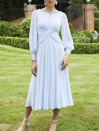 A-Line Mother of the Bride Dress Elegant Jewel Neck Knee Length Chiffon Long Sleeve with Pleats Beading - RongMoon