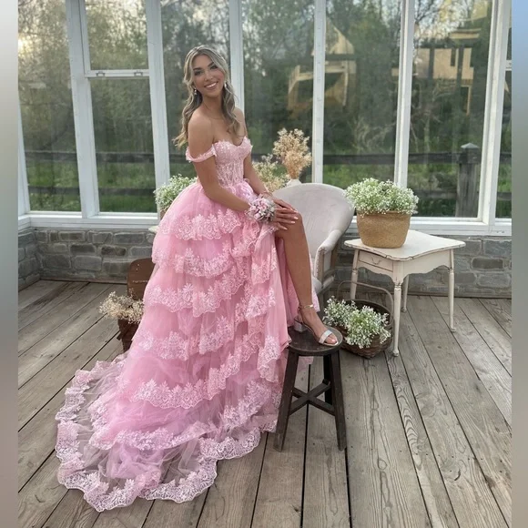 Charming Pink Off The Shoulder Lace Tulle Layered Evening Dress Formal Prom Dress cc2168