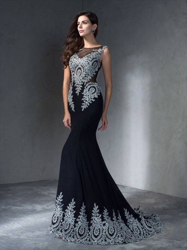 Trumpet/Mermaid Scoop Applique Sleeveless Long Chiffon Dresses - RongMoon