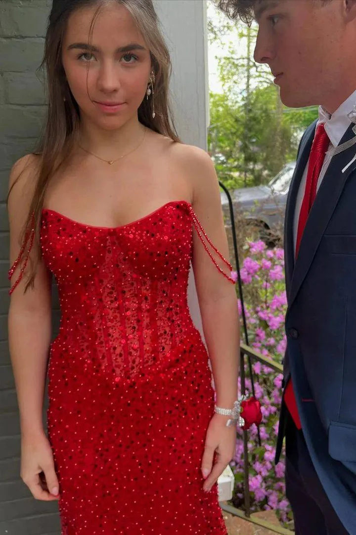 Off Shoulder Glitter Mermaid Long Prom Dress Red Sequins Graduation Dresses