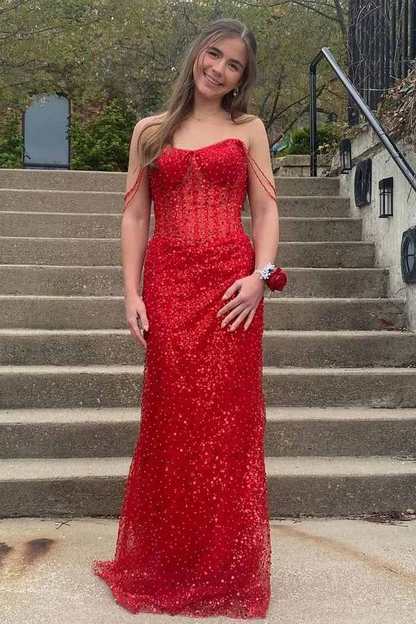 Off Shoulder Glitter Mermaid Long Prom Dress Red Sequins Graduation Dresses