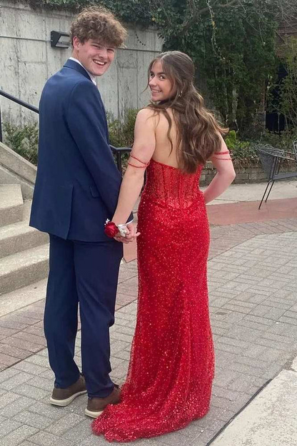 Off Shoulder Glitter Mermaid Long Prom Dress Red Sequins Graduation Dresses