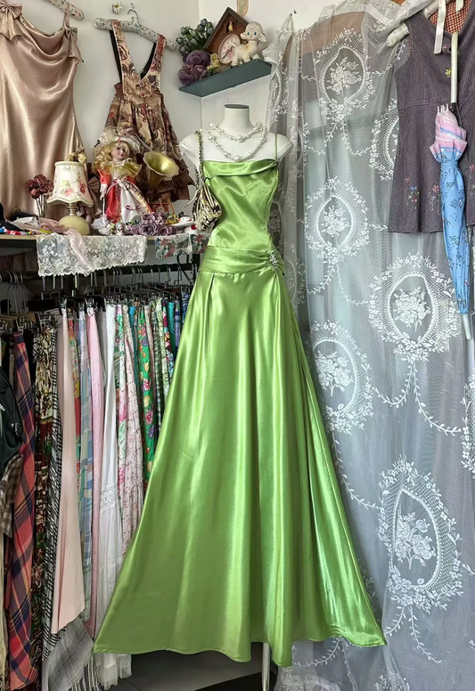 A Line Green Satin Prom Dresses Simple Formal Party Gown