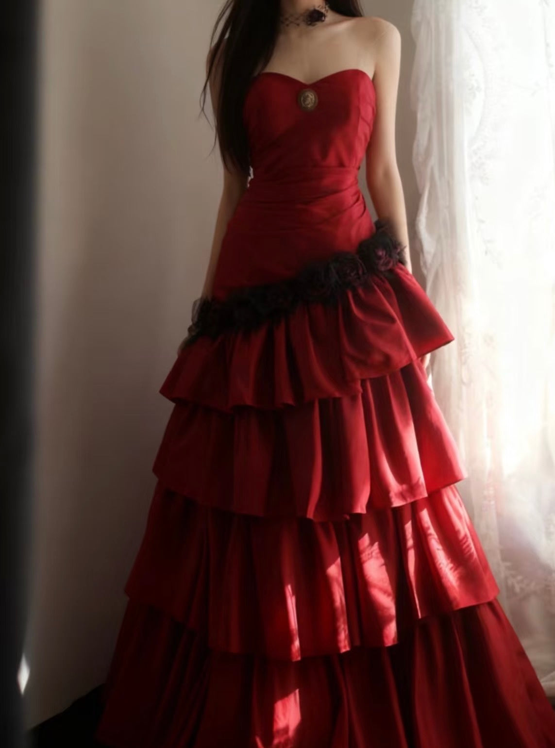 Sweetheart Red A Line Layered Prom Dress Princess Satin Formal Dresses
