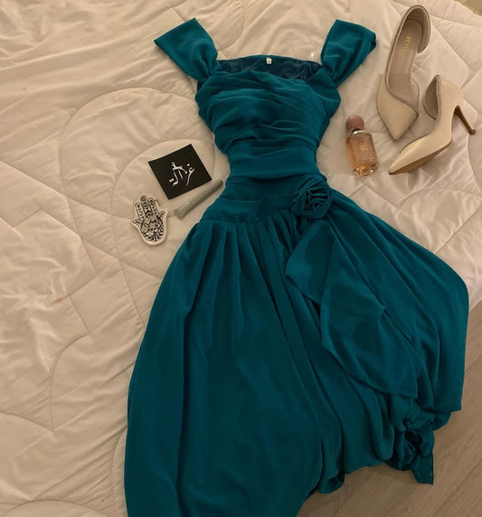 A Line Chiffon Teal Prom Dress Formal Wedding Guest Dresses