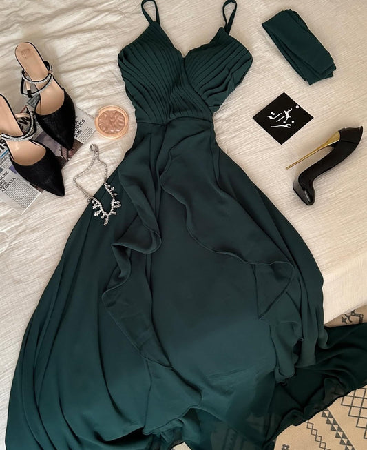 Dark Green Chiffon A Line Wedding Guest Dress Pleated Ruffle Party Dresses