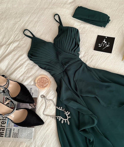Dark Green Chiffon A Line Wedding Guest Dress Pleated Ruffle Party Dresses