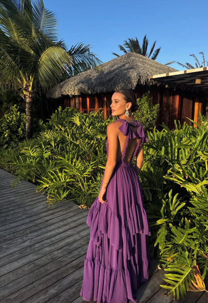 Purple Backless Wedding Guest Dress Deep V Neck Chiffon Formal Party Dresses