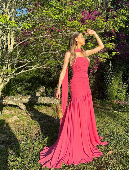 Backless Chiffon Wedding Guest Dress Formal Party Dresses with Scarf