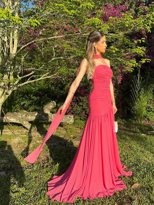 Backless Chiffon Wedding Guest Dress Formal Party Dresses with Scarf