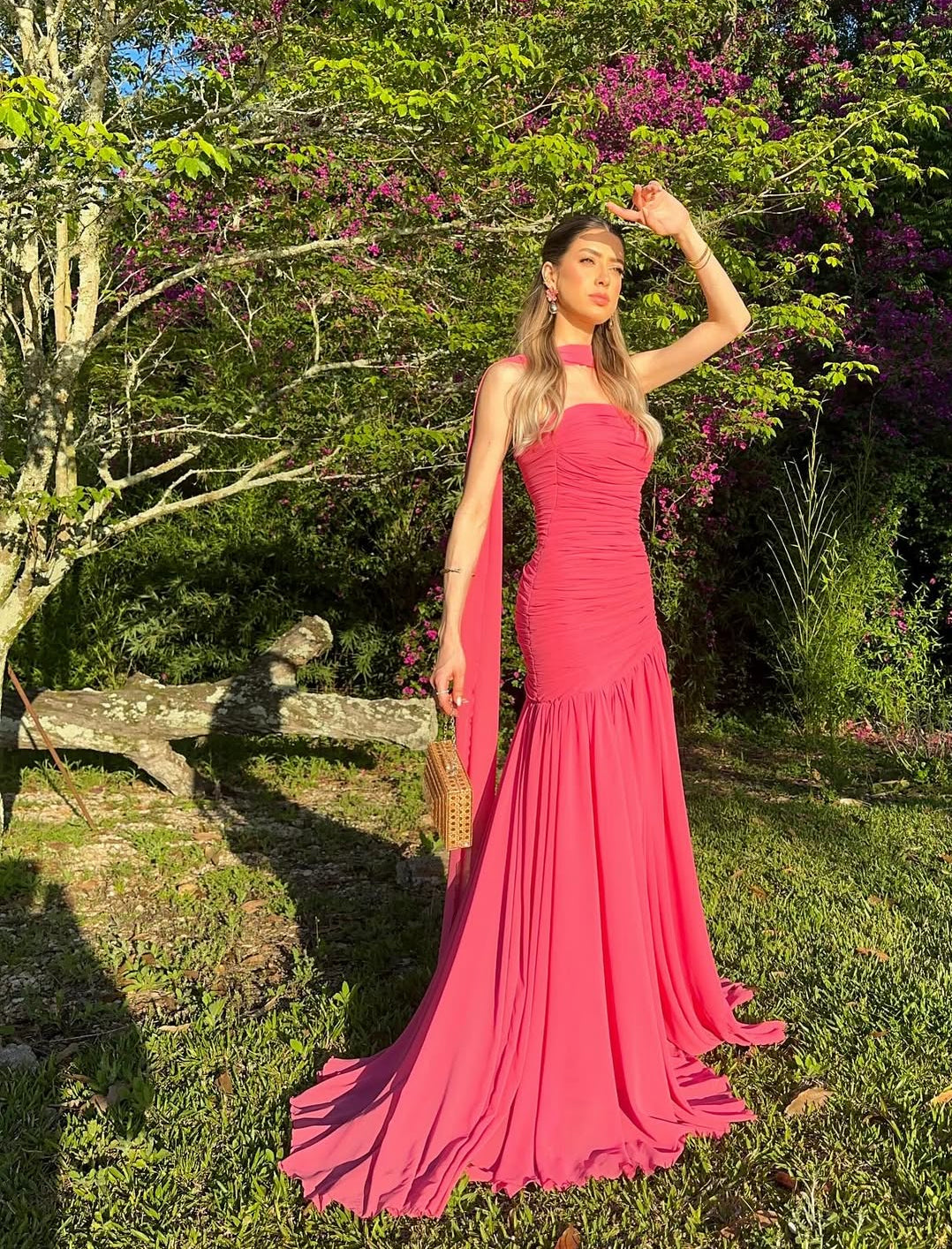 Backless Chiffon Wedding Guest Dress Formal Party Dresses with Scarf