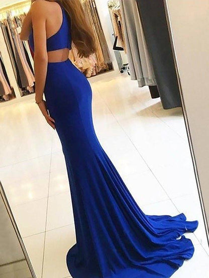 Sheath Halter Sleeveless Sweep/Brush Train With Ruffles Jersey Dresses - RongMoon