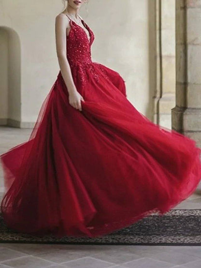 A-Line Luxurious Sexy Wedding Guest Prom Dress V Neck Spaghetti Strap Sleeveless Sweep / Brush Train Lace Tulle with Pleats - RongMoon