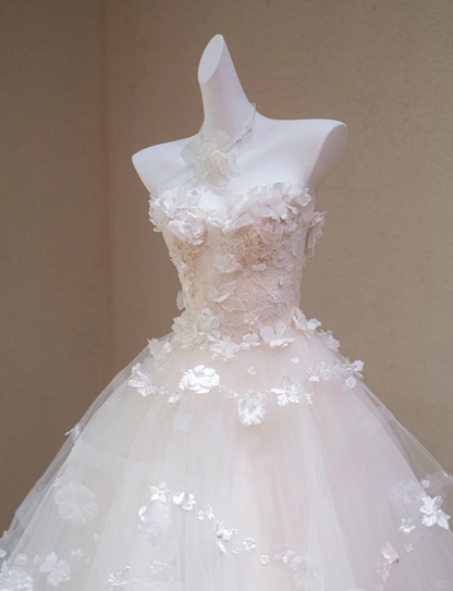 Sweet Strapless White Tulle Appliques Long Wedding Dress Bridal Dress cc3464