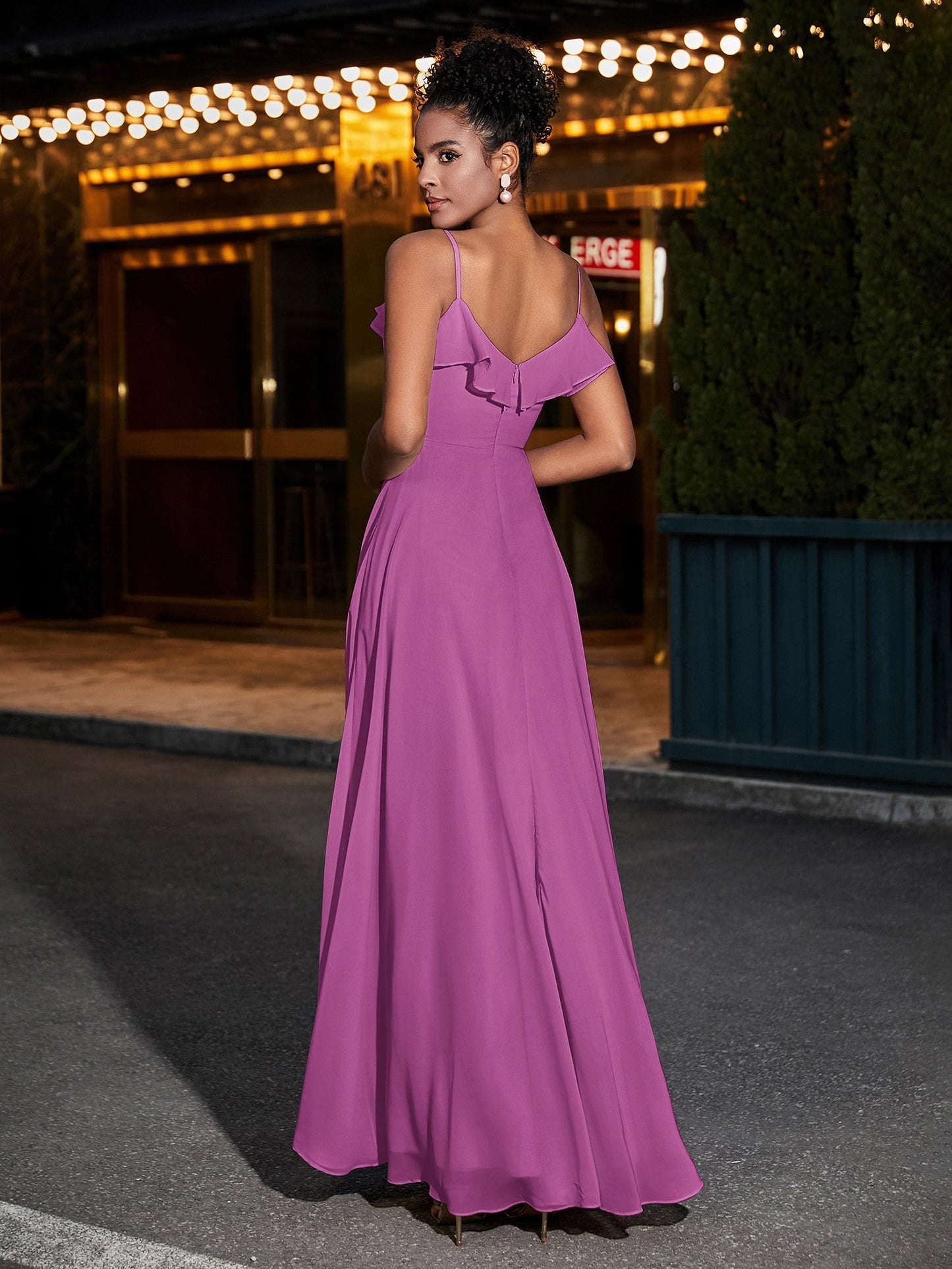 Spaghetti Strap Chiffon Bridesmaid Gowns-Orchid