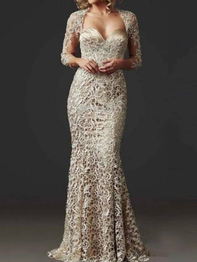 Mermaid / Trumpet Mother of the Bride Dress Elegant Sweetheart Neckline Floor Length Lace 3/4 Length Sleeve with Lace - RongMoon