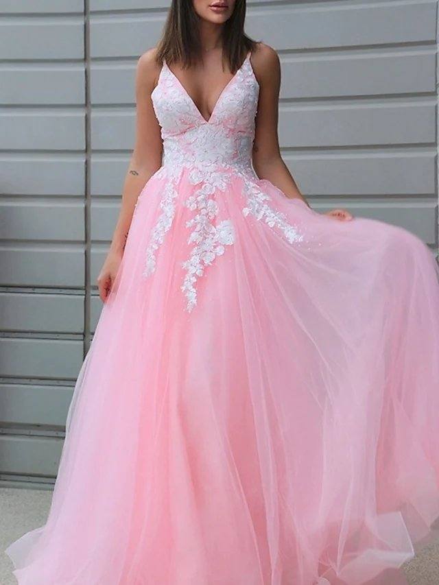 A-Line Empire Sexy Engagement Prom Dress V Neck Sleeveless Floor Length Lace Tulle with Appliques - RongMoon