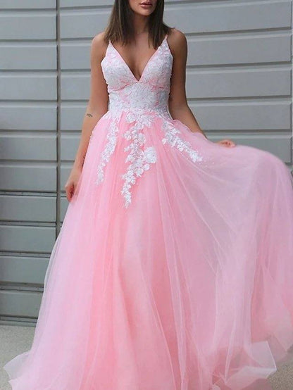 A-Line Empire Sexy Engagement Prom Dress V Neck Sleeveless Floor Length Lace Tulle with Appliques - RongMoon