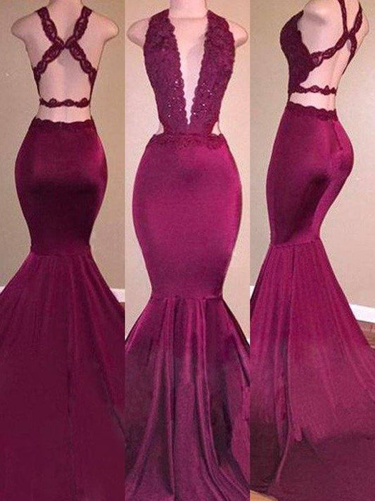 Trumpet/Mermaid V-Neck Stretch Crepe Sleeveless Applique Sweep/Brush Train Dresses - RongMoon