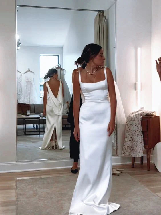 White Straps Sheath Backless Light Wedding Dress Simple Party Dress Formal Dress