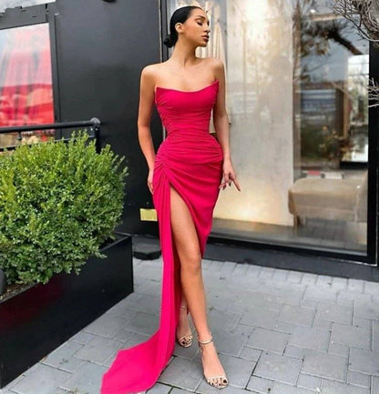 Sexy Mermaid Prom Dresses Sleeveless Side Slit Spandex Satin Evening Dresses With Zipper Back - RongMoon