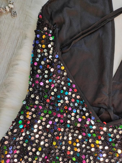 Black shiny multi colored evening short sexy mini dress neckline sequins party dress cc63