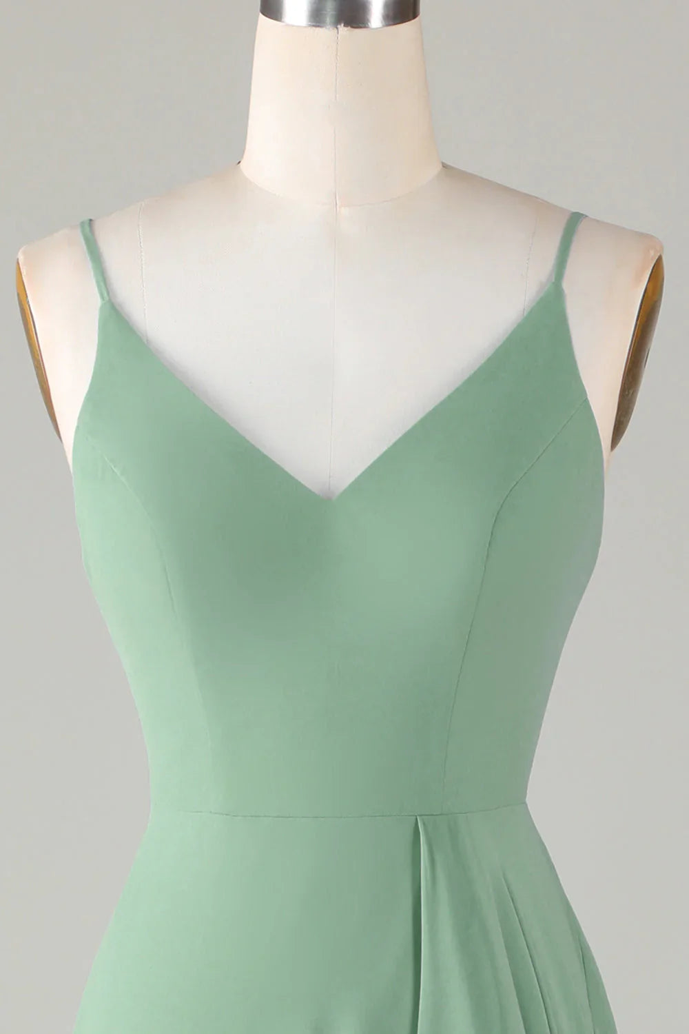 Thin shoulder strap with ruffled edge matcha long bridesmaid dress