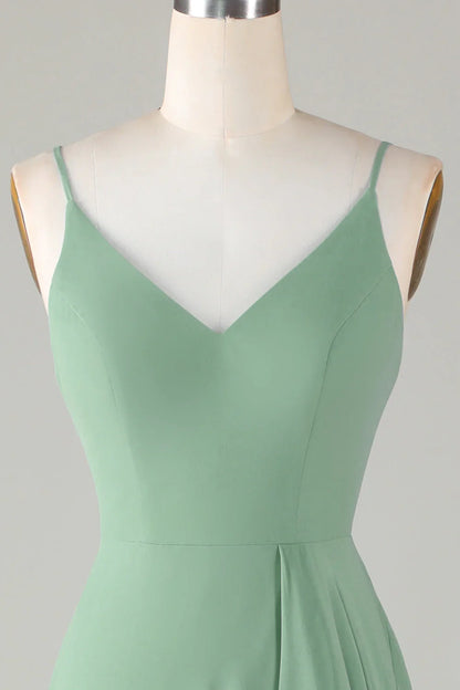 Thin shoulder strap with ruffled edge matcha long bridesmaid dress