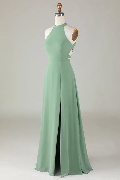 A-shaped backless matcha front slit bridesmaid dress