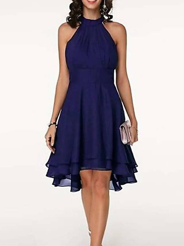 A-Line Flirty Empire Engagement Cocktail Party Dress Halter Neck Sleeveless Knee Length Chiffon with Sleek Tier - RongMoon
