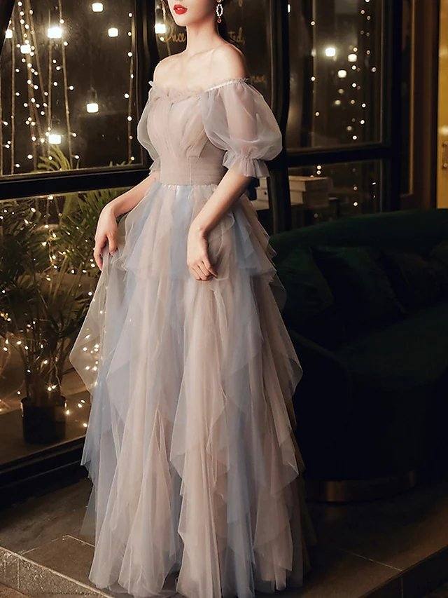 A-Line Color Block Elegant Wedding Guest Prom Dress Scoop Neck Half Sleeve Floor Length Tulle with Pleats Ruffles - RongMoon