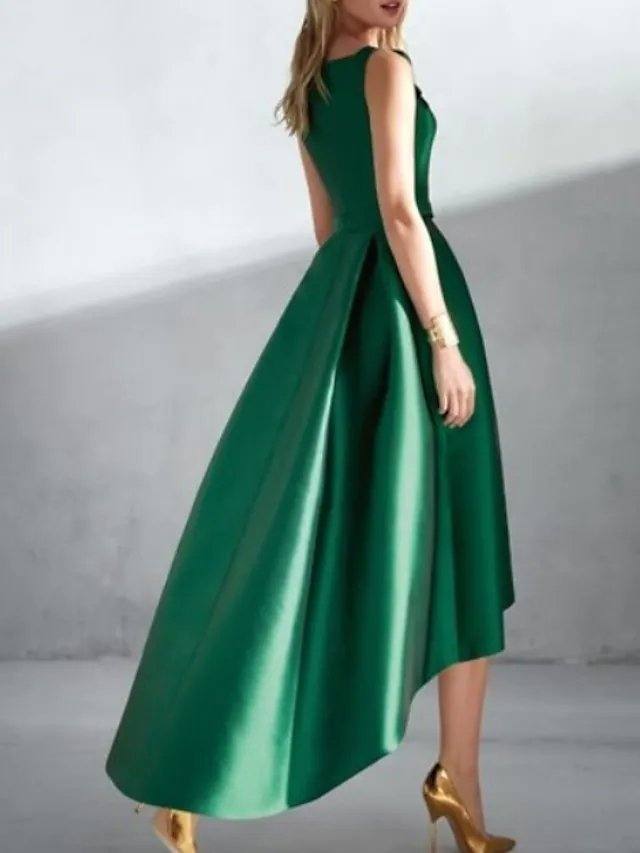 A-Line Elegant Vintage Wedding Guest Prom Dress Jewel Neck Sleeveless Asymmetrical Satin with Pleats - RongMoon