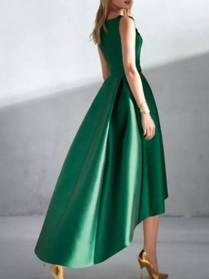 A-Line Elegant Vintage Wedding Guest Prom Dress Jewel Neck Sleeveless Asymmetrical Satin with Pleats - RongMoon