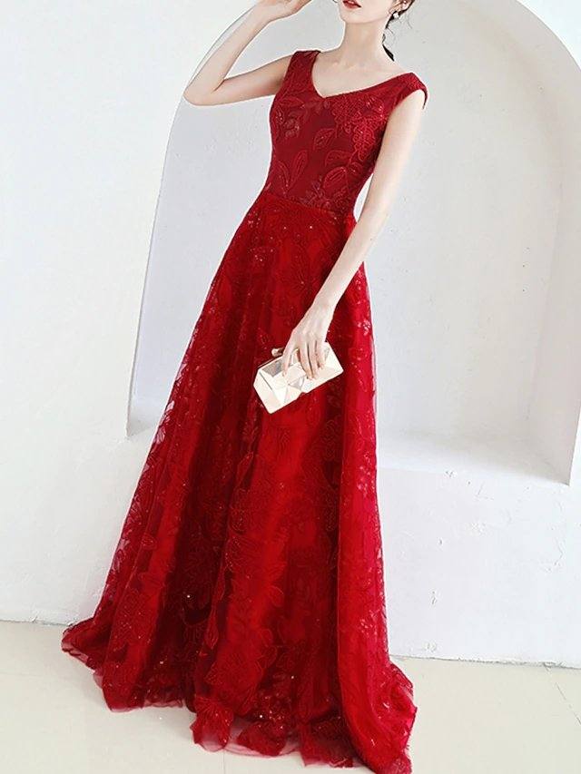 A-Line Elegant Floral Engagement Prom Dress V Neck Sleeveless Floor Length Lace Tulle with Appliques - RongMoon
