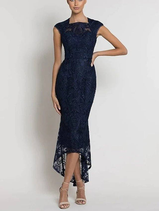 Mermaid / Trumpet Jewel Neck Asymmetrical Lace Bridesmaid Dress with Lace / Appliques - RongMoon