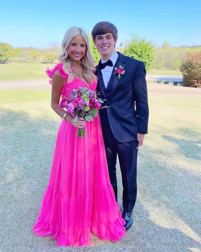 Aimishang Elegant Hot Pink Ruffle Shoulder Long Prom Dress Charming Evening Party Dress Graduation Dress