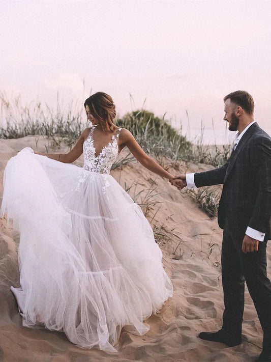 Unique Appliqued A-line Tulle Wedding Dresses With Chapel Train Floor Length Beautiful
