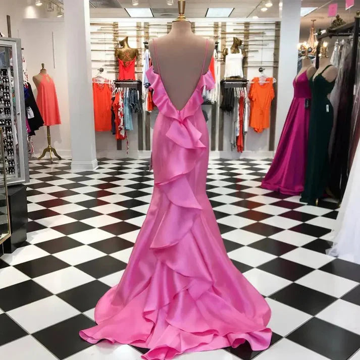 Candy Pink Elegant Straps Ruffles Mermaid Long Prom Dress Charming Evening Party Dress Wholesale