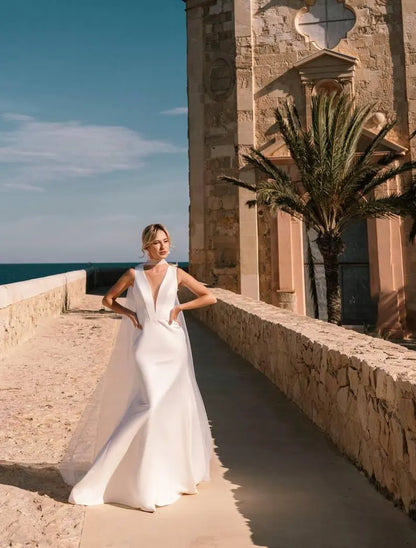 Aimishang Dress Wholesale Mermaid Deep V-neck line Satin Elegant Wedding Dress Floor-Length Bridal Grown