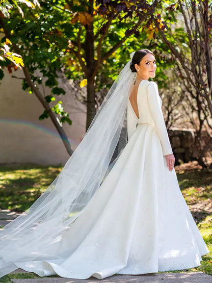Embroidery A Line Ivory Satin Modest Long Sleeves Simple Wedding Dresses Elegant Wholesale
